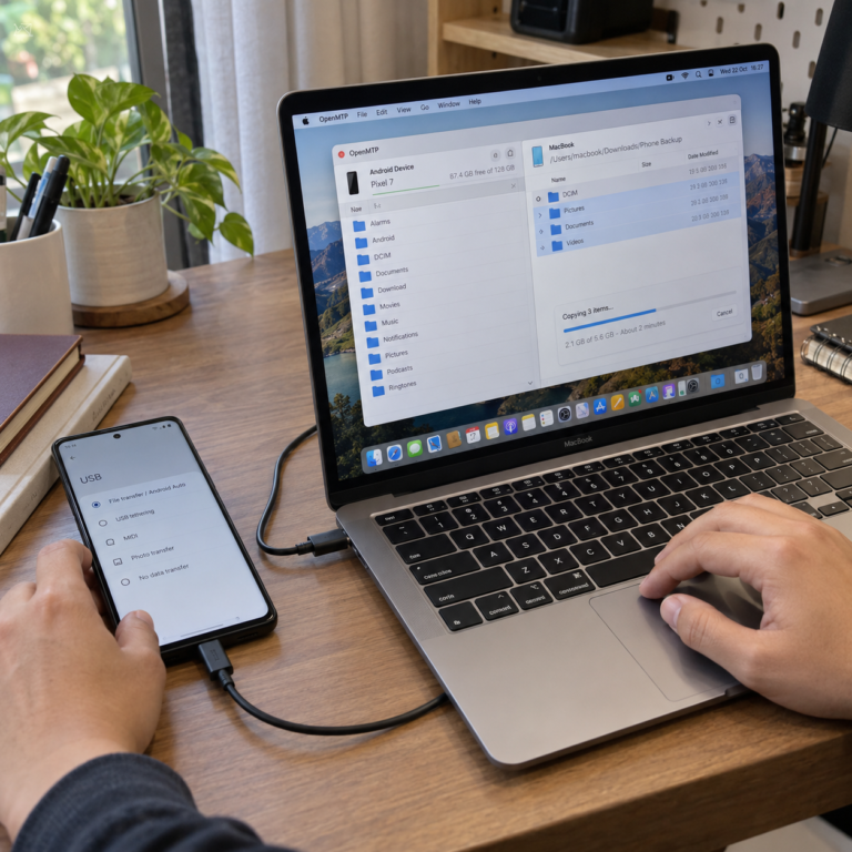 HP Android terhubung ke MacBook melalui kabel USB untuk menyalin folder dan file menggunakan aplikasi transfer data.