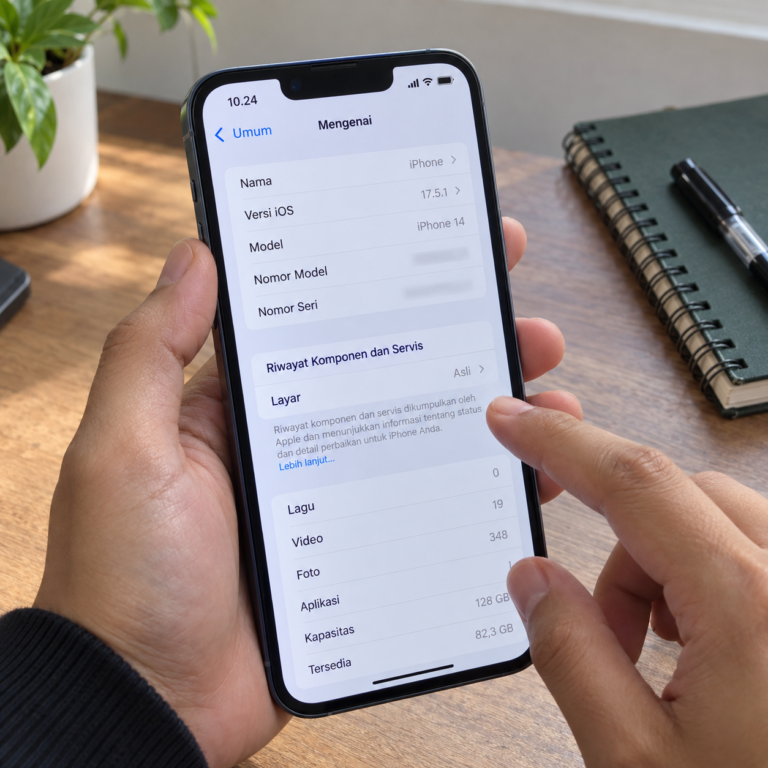 Tangan pengguna memegang iPhone sambil memeriksa informasi Riwayat Komponen dan Servis pada menu Pengaturan.