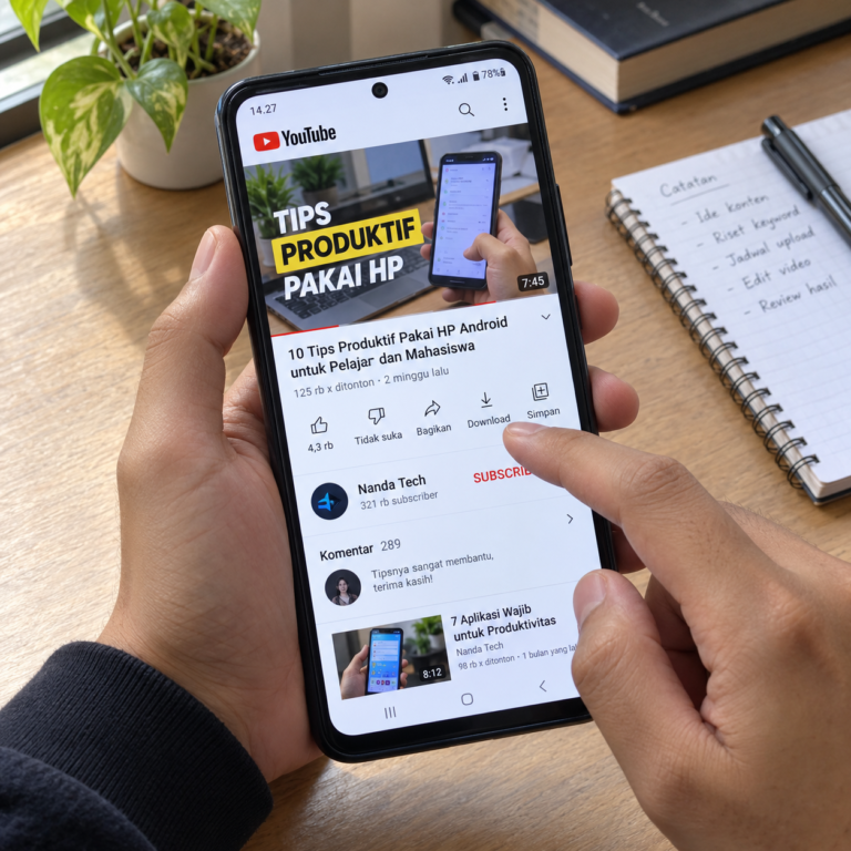Tangan pengguna memegang HP Android dengan aplikasi YouTube terbuka dan tombol Download terlihat di bawah video tutorial.