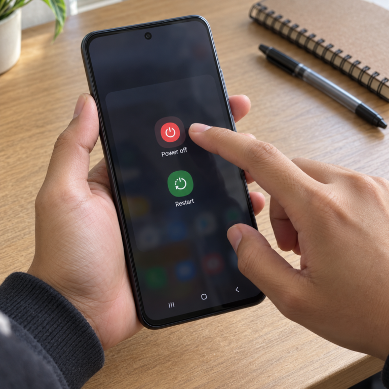 Tangan pengguna memilih opsi Power off pada menu daya di layar HP Android untuk mematikan perangkat.