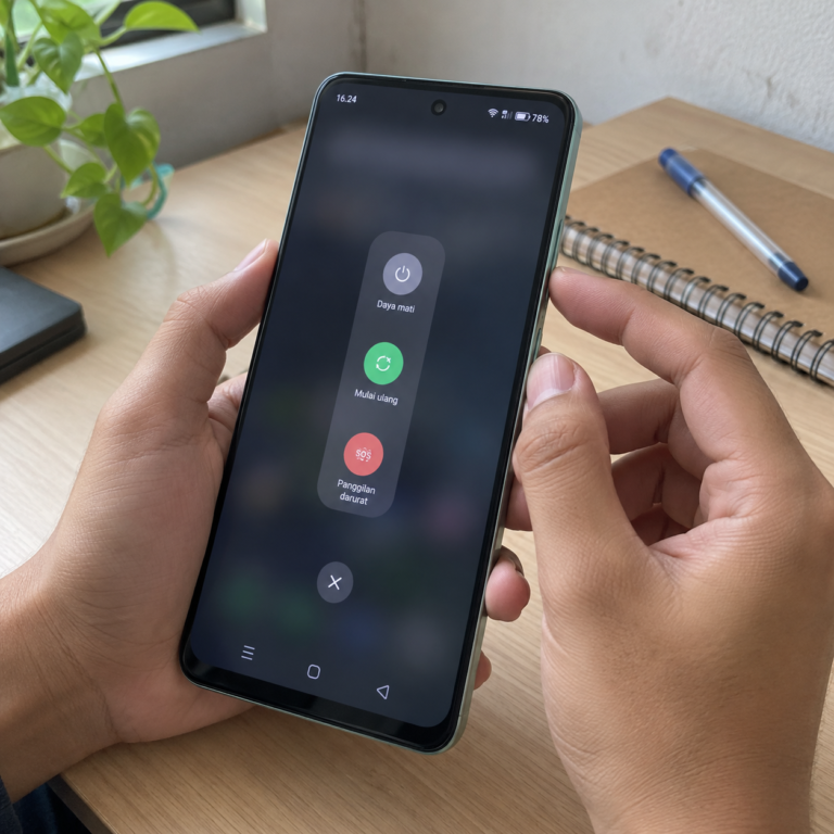 Pengguna memegang HP realme C71 dengan menu daya terbuka setelah menekan kombinasi tombol power dan volume atas.