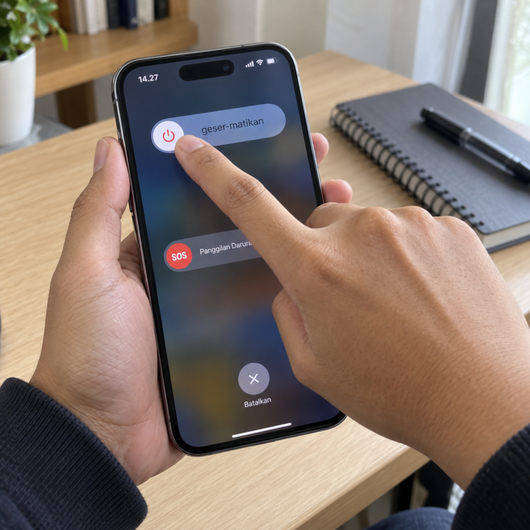 Tangan pengguna mengoperasikan penggeser daya mati pada layar iPhone untuk mematikan perangkat.