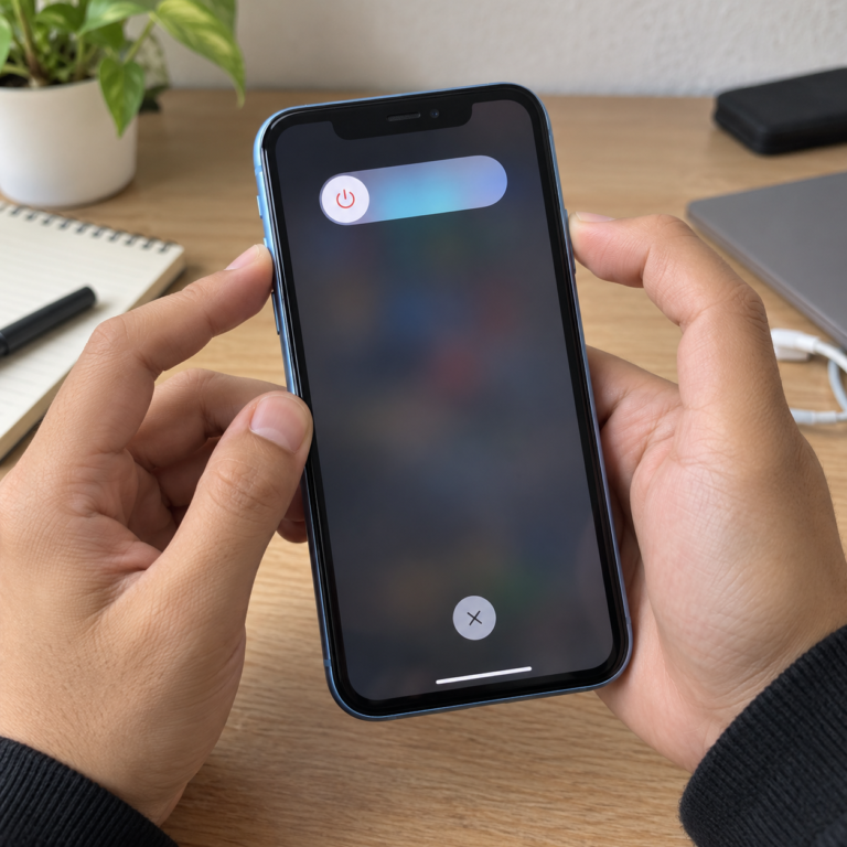 iPhone XR menampilkan menu daya saat pengguna menekan tombol samping dan salah satu tombol volume.