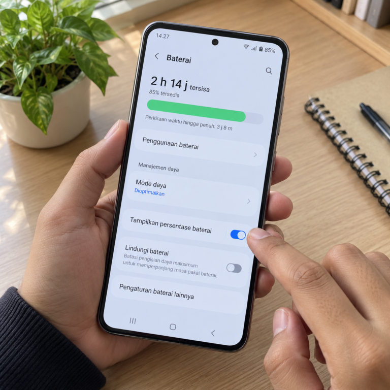 Tangan pengguna mengatur tampilan persentase baterai pada HP Samsung melalui menu pengaturan, dengan angka baterai terlihat di bilah status.