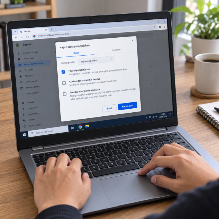 Tangan pengguna mengoperasikan laptop yang menampilkan menu penghapusan histori penjelajahan Chrome.