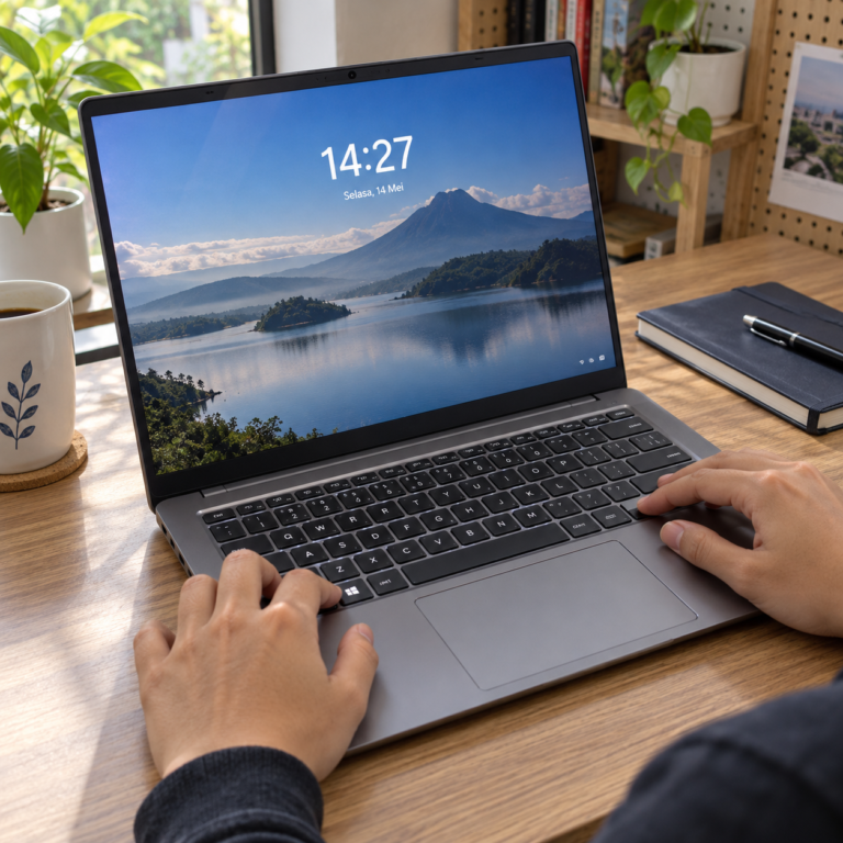 Tangan pengguna berada di atas keyboard laptop Windows yang menampilkan layar terkunci setelah menggunakan shortcut Windows + L.