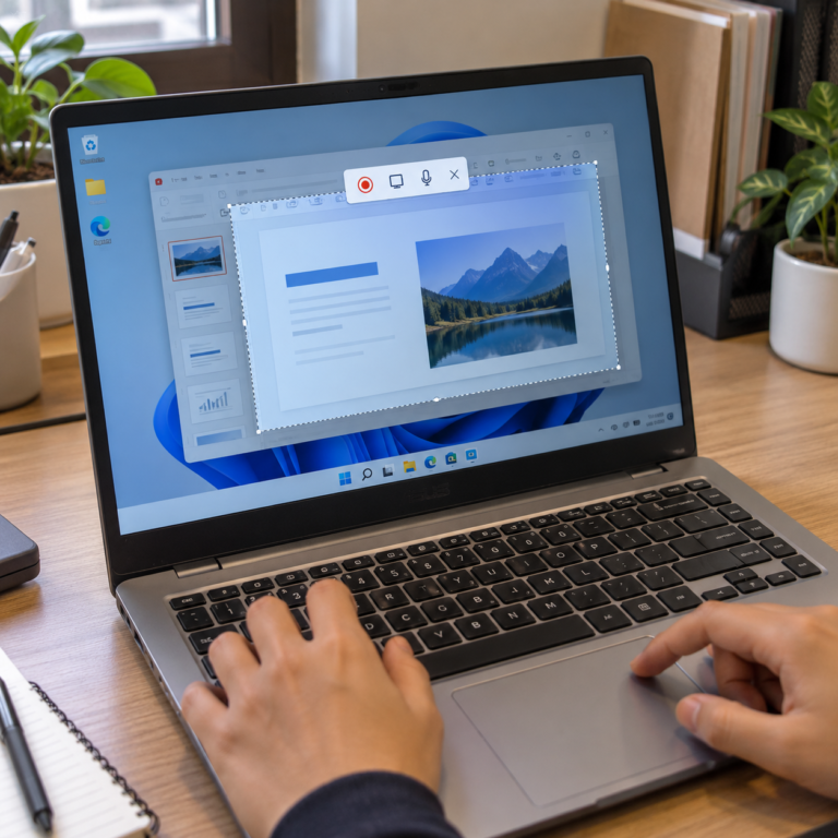 Tangan pengguna mengoperasikan laptop Windows 11 dengan area perekaman layar dipilih melalui Snipping Tool.