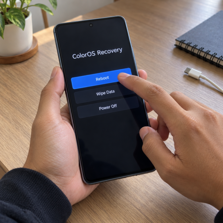 Tangan pengguna memilih Reboot pada layar Recovery Mode HP OPPO untuk mencoba memulai ulang perangkat.
