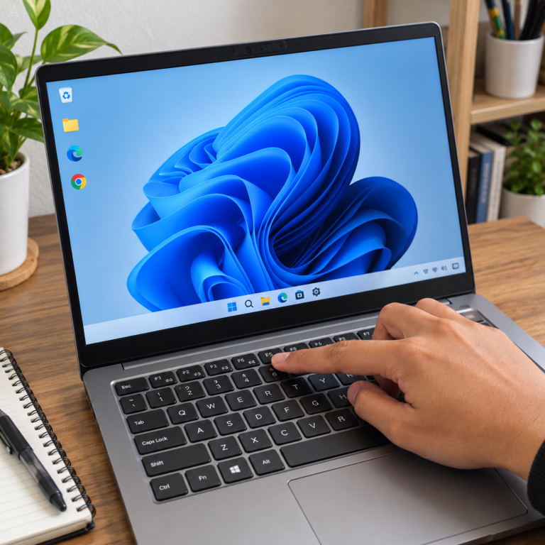 Tangan pengguna menekan tombol F5 pada keyboard laptop dengan tampilan desktop Windows 11 yang aktif.
