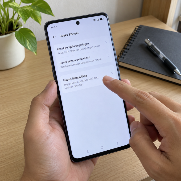 Tangan pengguna memegang HP OPPO dengan menu Reset Ponsel dan pilihan Hapus Semua Data terlihat di layar.