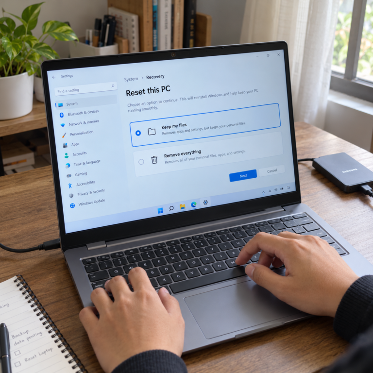 Tangan pengguna mengoperasikan laptop dengan menu Reset this PC dan pilihan Keep my files pada layar Windows 11.