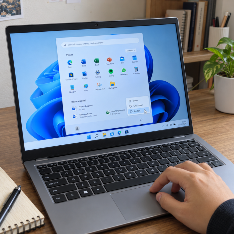 angan pengguna mengoperasikan touchpad laptop Windows 11 dengan menu daya terbuka untuk memilih Restart.