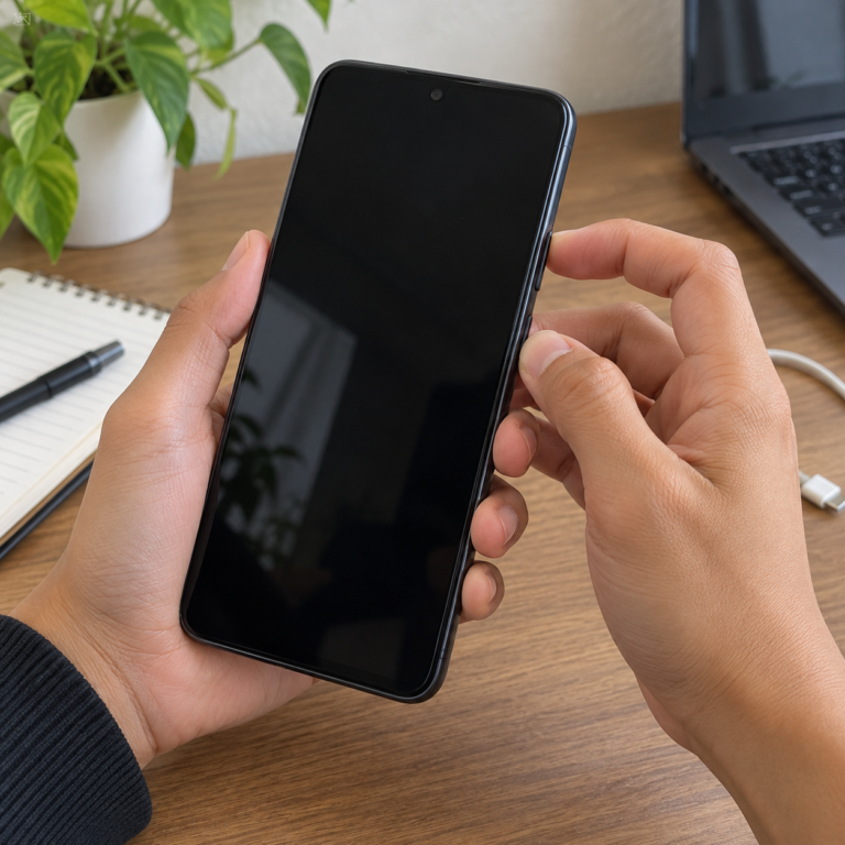 Tangan pengguna menekan tombol fisik HP Android untuk mencoba restart paksa saat layar tetap hitam.