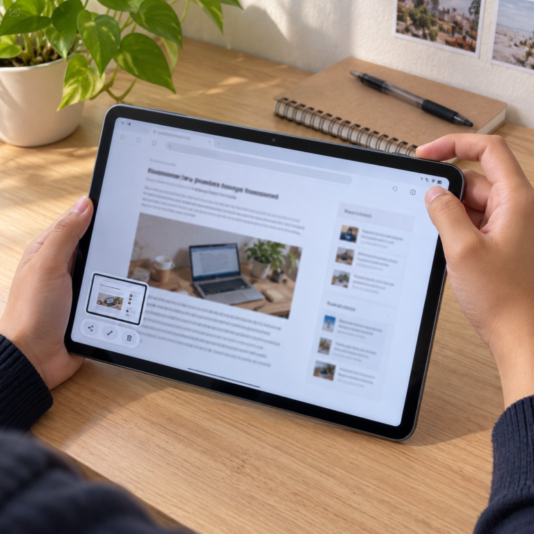 Tangan pengguna menekan tombol power dan volume bawah pada tablet Huawei untuk mengambil screenshot layar.