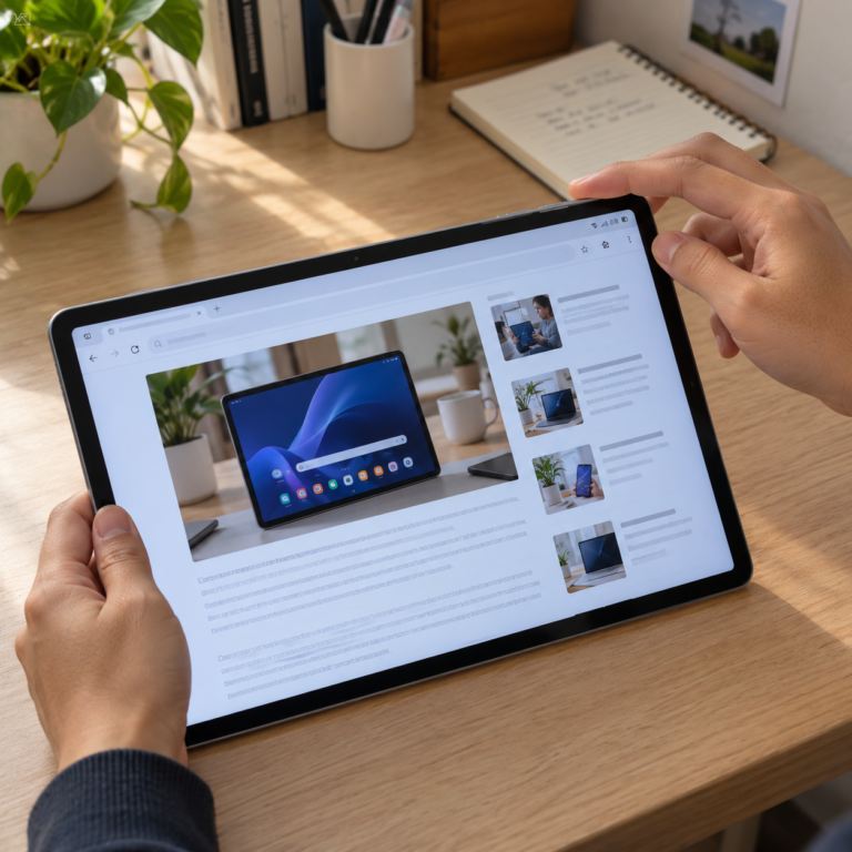 Tangan pengguna menekan tombol power dan volume bawah pada tablet Samsung untuk mengambil screenshot.