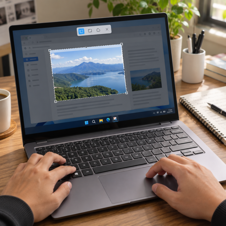 Tangan pengguna mengoperasikan keyboard dan touchpad laptop ASUS untuk memilih area screenshot menggunakan fitur Snipping Tool Windows 11.