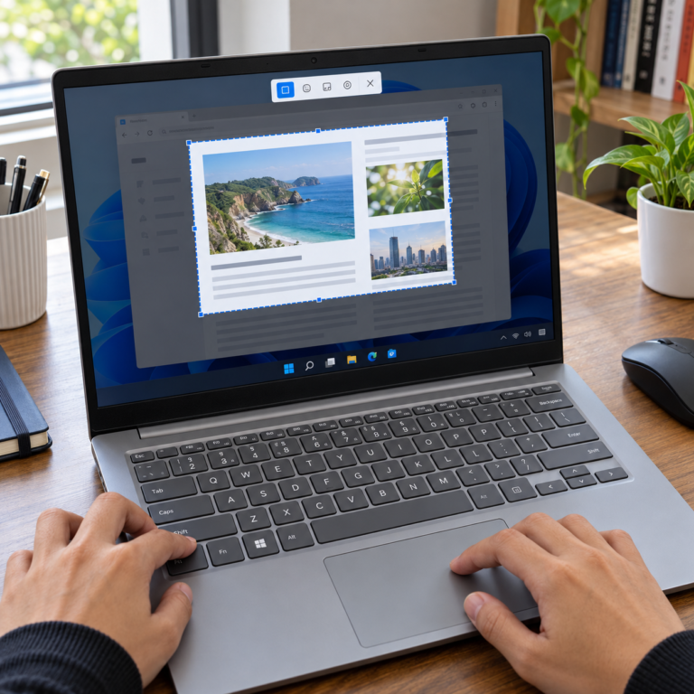 Tangan pengguna mengambil screenshot area tertentu pada laptop Windows menggunakan fitur Snipping Tool.