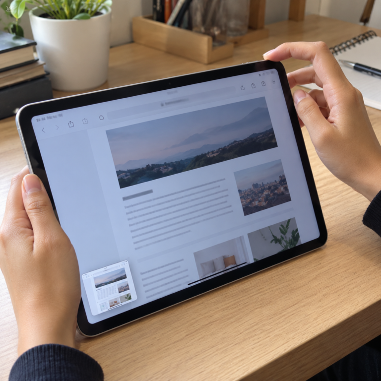 Tangan pengguna menekan kombinasi tombol fisik pada iPad tanpa tombol Home untuk mengambil screenshot, dengan pratinjau tangkapan layar terlihat.