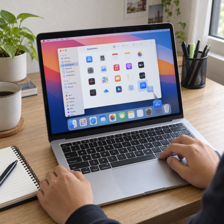 Tangan pengguna mengoperasikan trackpad MacBook untuk memindahkan aplikasi dari folder Applications di Finder ke Trash.