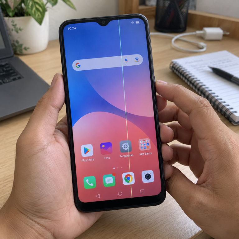 Tangan memegang OPPO A3s dengan garis vertikal tetap terlihat pada layar setelah ponsel dinyalakan.