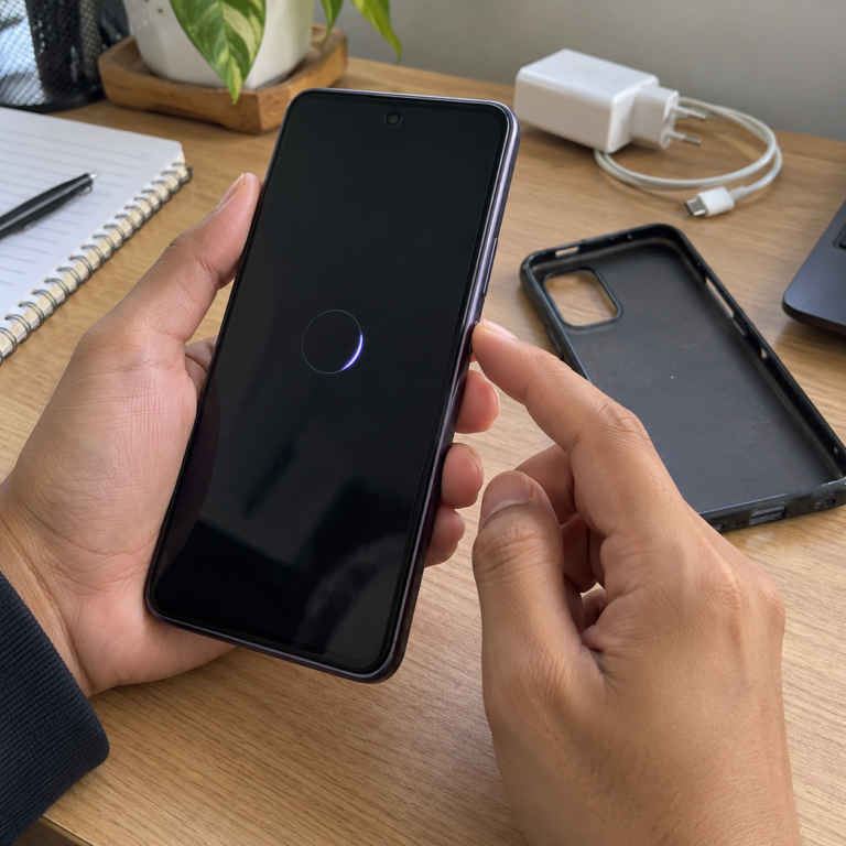 HP OPPO dalam kondisi restart sedang dicek tombol power-nya setelah casing dilepas.