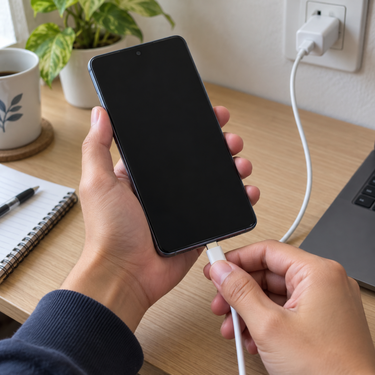 HP vivo dengan layar mati sedang dihubungkan ke charger untuk pengecekan awal setelah tiba-tiba padam.