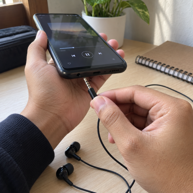 Tangan pengguna memegang HP Android sambil mengarahkan konektor headset kabel 3,5 mm ke port audio.