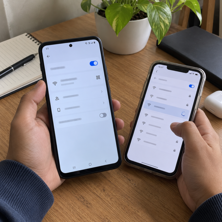 Dua HP sedang diperiksa saat satu hotspot aktif tetapi HP lainnya gagal tersambung melalui Wi-Fi.