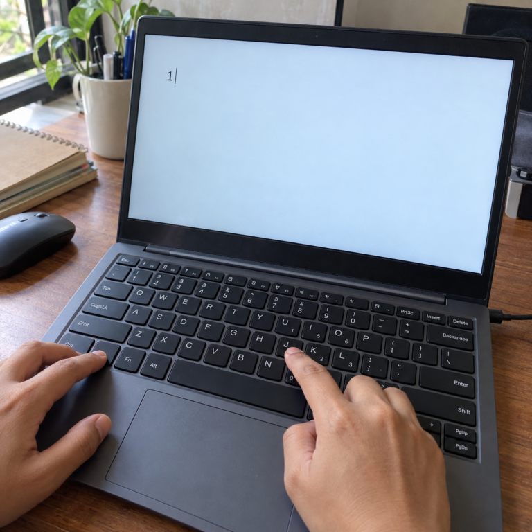 Tangan menekan tombol huruf J pada laptop sementara layar menampilkan angka sebagai hasil input.