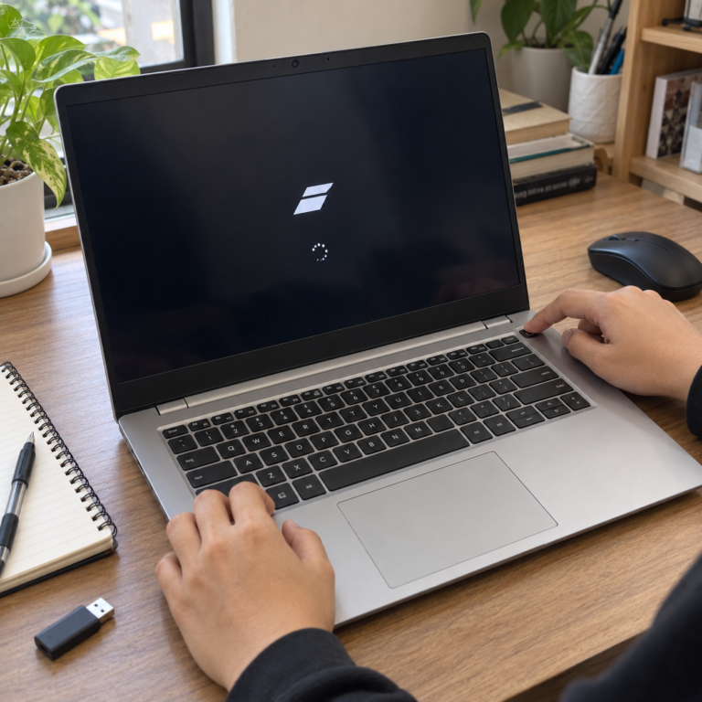 Laptop berhenti pada logo startup dengan indikator loading saat pengguna mencoba menekan tombol power.