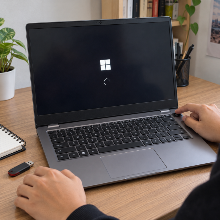 Laptop stuck di logo startup dengan tangan pengguna berada di dekat tombol power dan flashdisk yang sudah dilepas.