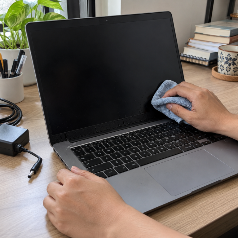 Tangan menyerap air di bezel layar laptop yang sudah dimatikan menggunakan kain microfiber.