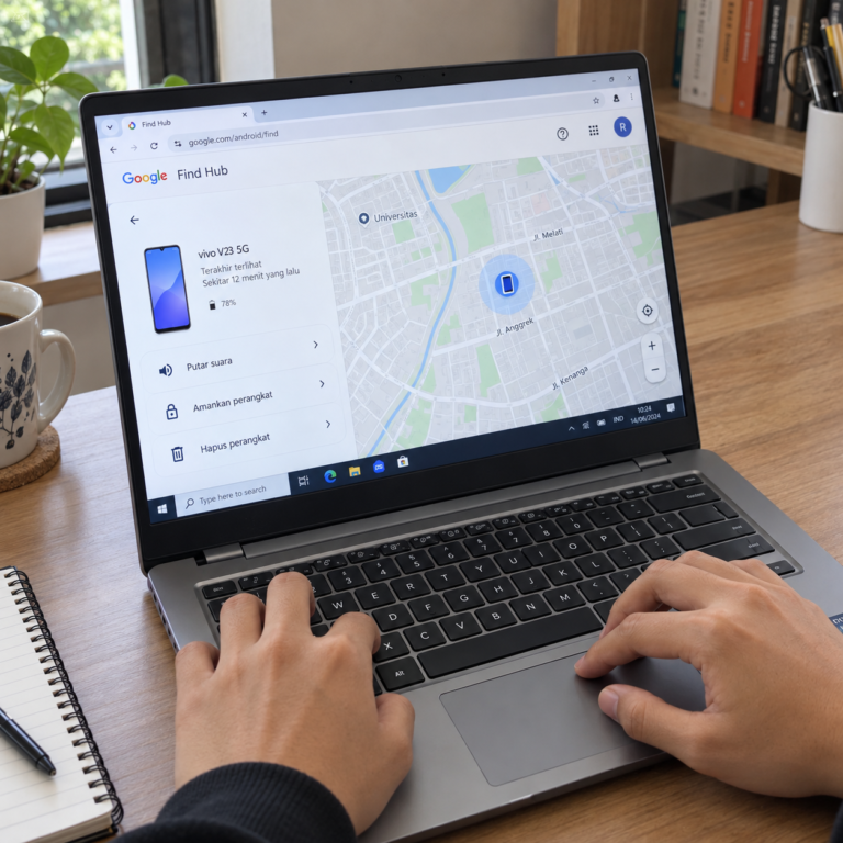 Tangan pengguna mengoperasikan laptop yang menampilkan Google Find Hub dengan peta lokasi dan panel pencarian perangkat vivo.