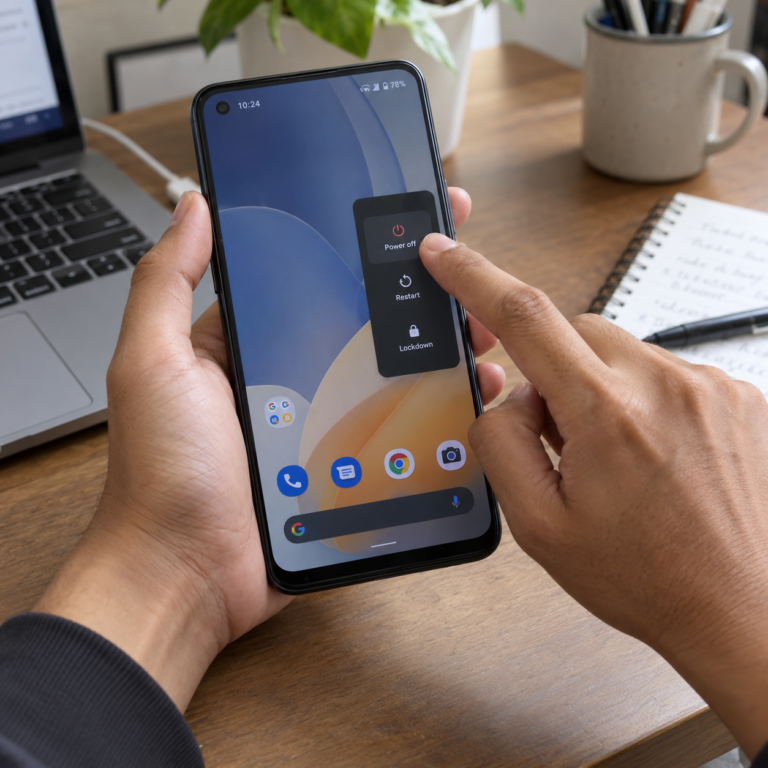 Pengguna membuka menu daya virtual di HP Realme tanpa menekan tombol power fisik.