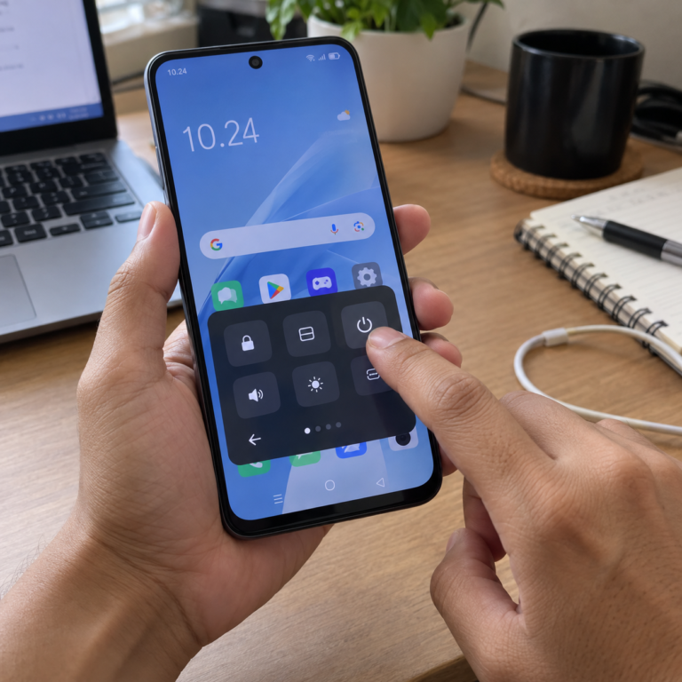 Tangan menggunakan kontrol virtual di layar HP OPPO untuk membuka pilihan daya tanpa menekan tombol fisik.