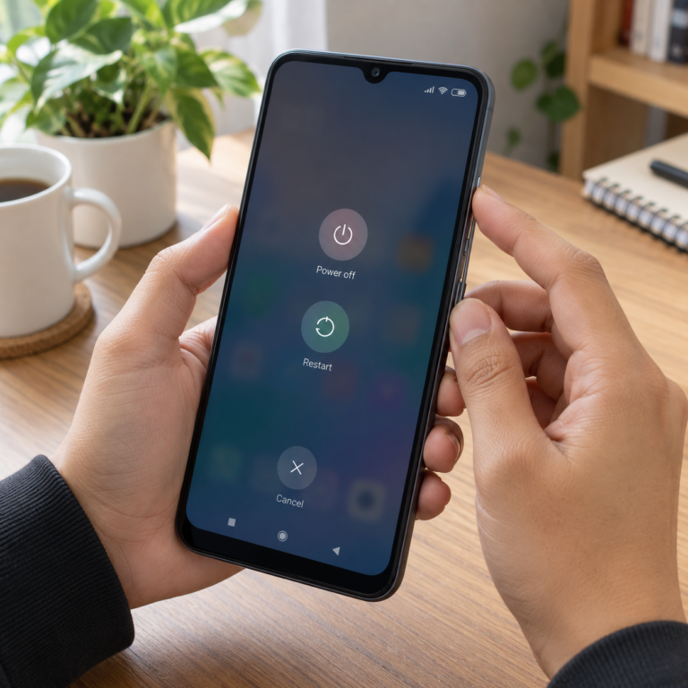 Tangan pengguna menekan tombol power dan volume atas Redmi 15C dengan menu Matikan dan Mulai Ulang terlihat pada layar HP.