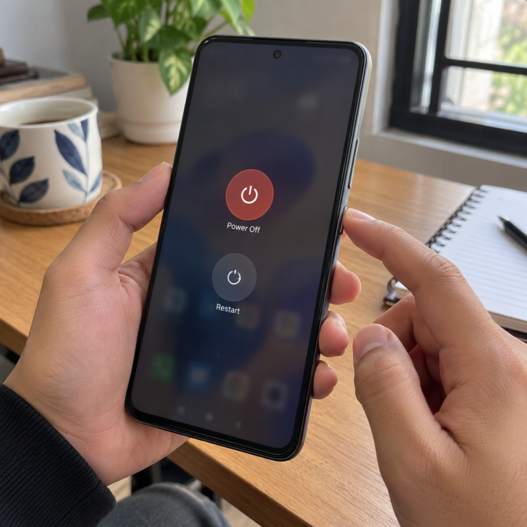 Tangan pengguna menekan tombol power Redmi Note 14 dengan menu Daya Mati dan Mulai Ulang terlihat pada layar HP.