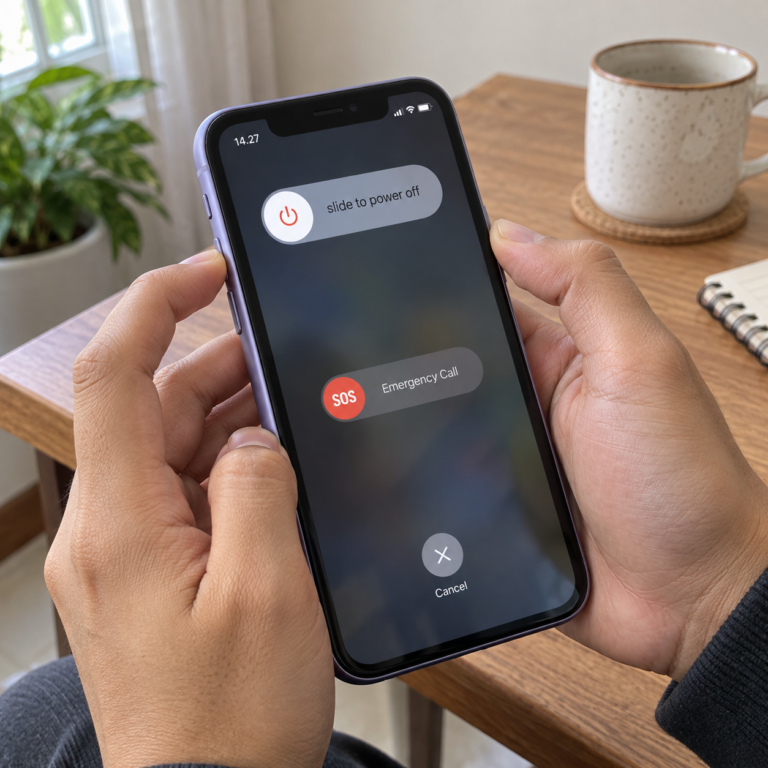 Tangan pengguna memegang iPhone 11 dengan menu slide to power off terlihat di layar setelah menekan tombol samping dan volume.