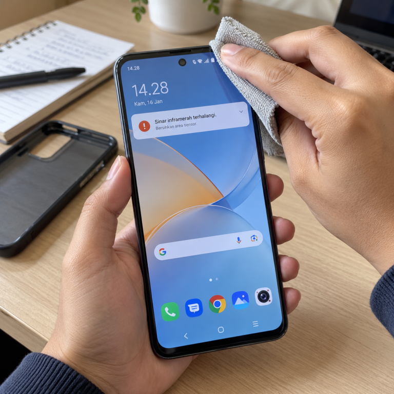 Tangan membersihkan bagian atas layar HP vivo menggunakan kain microfiber sambil memeriksa peringatan sensor inframerah.