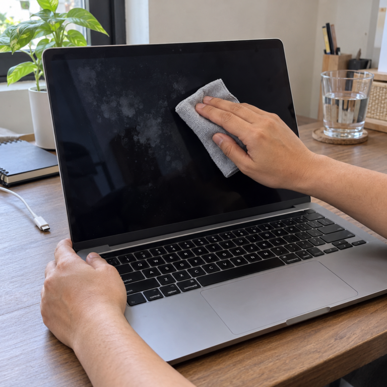 Tangan mengusap bercak pada layar MacBook yang mati menggunakan kain microfiber dengan charger dilepas.