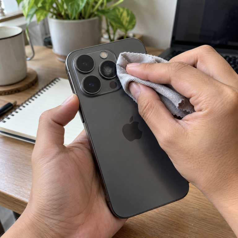 Tangan membersihkan lensa kamera belakang iPhone dengan kain microfiber untuk mengecek penyebab hasil foto blur.