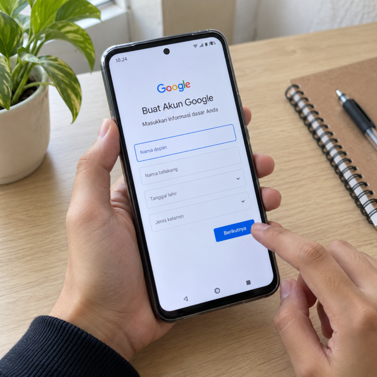 Tangan pengguna mengisi formulir pembuatan akun Google melalui layar HP Android di atas meja.