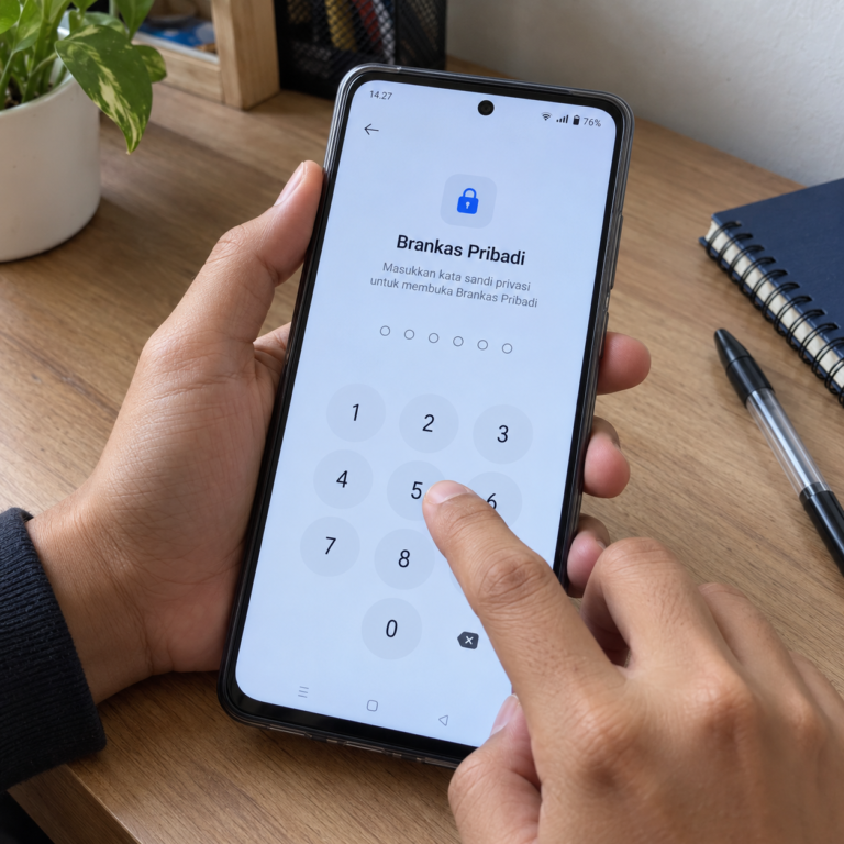 Tangan pengguna memasukkan kata sandi pada layar Brankas Pribadi HP OPPO untuk mengakses file yang dilindungi.
