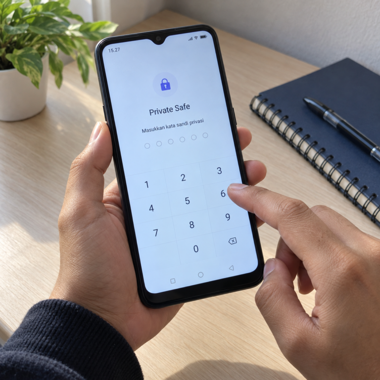 Tangan pengguna memegang HP OPPO A5s dengan layar verifikasi kata sandi privasi untuk membuka Brankas Pribadi.
