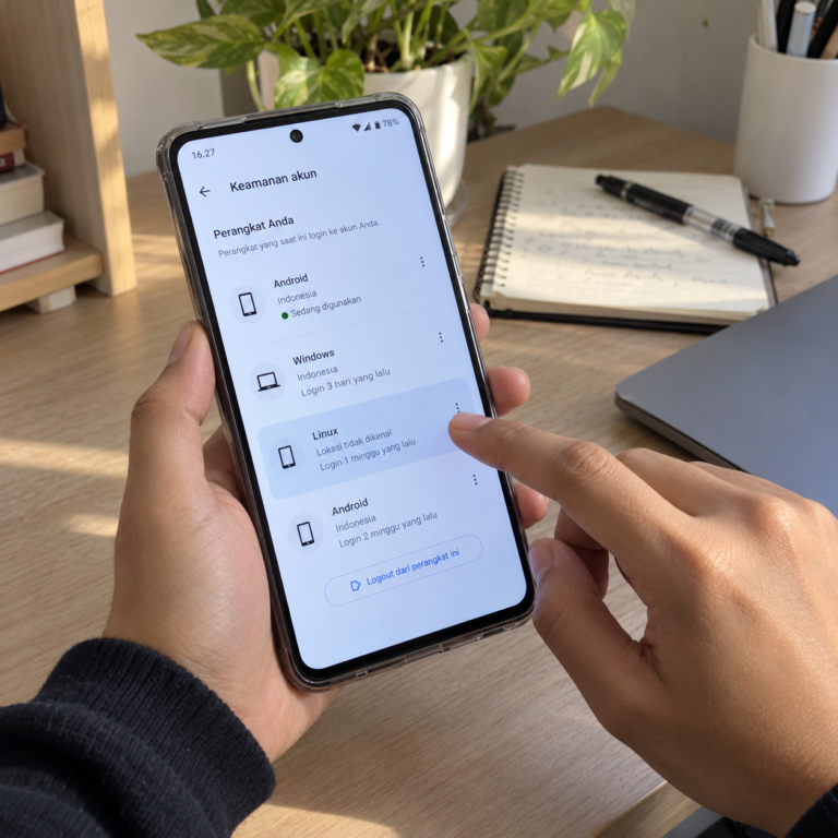 Tangan pengguna memeriksa daftar perangkat yang terhubung ke akun melalui pengaturan keamanan HP Android.