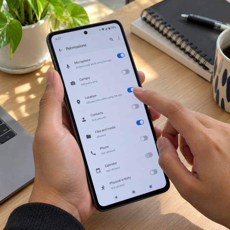 Tangan pengguna memeriksa pengaturan keamanan dan izin aplikasi pada layar HP Android di meja kerja.