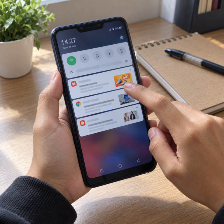 Tangan pengguna memegang HP OPPO A3s dengan beberapa notifikasi promosi pada layar sambil memeriksa pemberitahuan yang mengganggu.