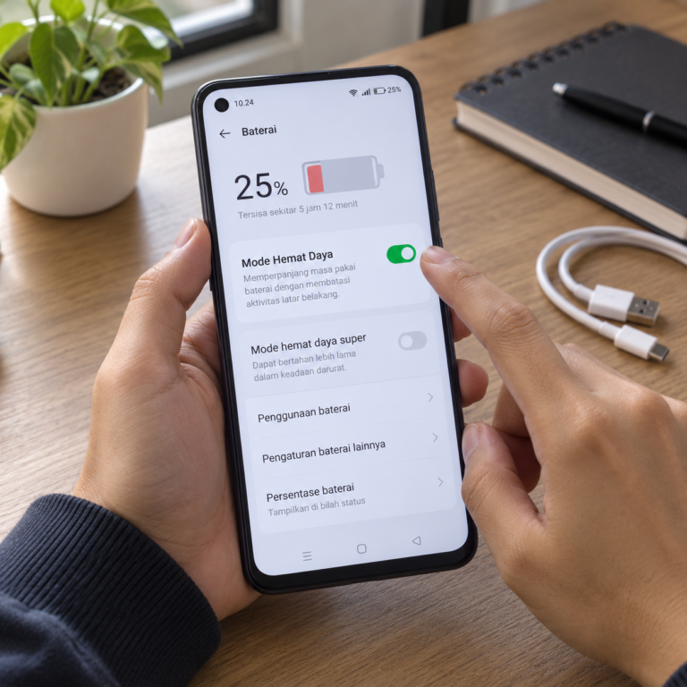 Pengguna mengaktifkan Mode Hemat Daya pada menu baterai HP OPPO untuk mengurangi konsumsi daya.