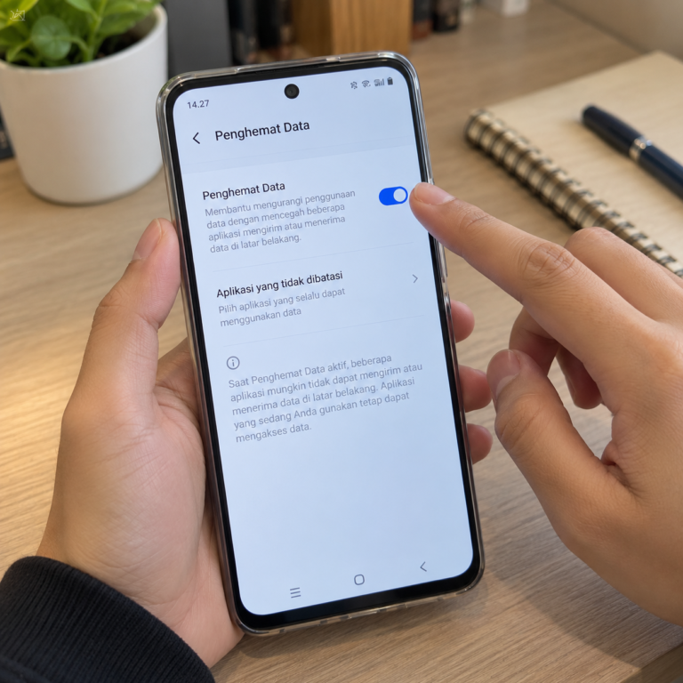 Tangan pengguna mengaktifkan fitur Penghemat Data melalui layar pengaturan HP vivo untuk membatasi penggunaan kuota internet.