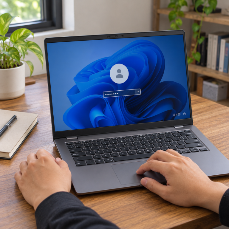 Laptop Windows di atas meja kerja menampilkan layar penguncian dengan kolom PIN saat pengguna meletakkan tangan di dekat touchpad.